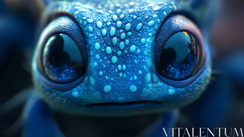 Macro close-up renders bioluminescent blue amphibian face