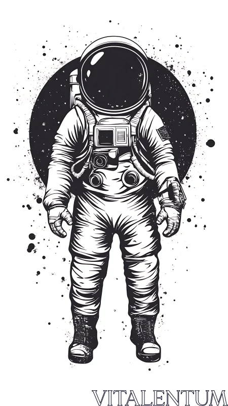 Monochrome illustration of full-body astronaut in suit.