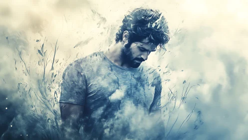 Storm-dreamed listener dissolving into pale swirling clouds.