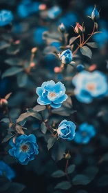 Blue roses with creamy white petals and golden stamens in selective focus composition.