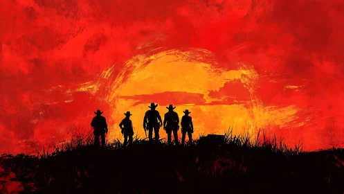 Cowboy silhouettes stand against intense red sunset sky.