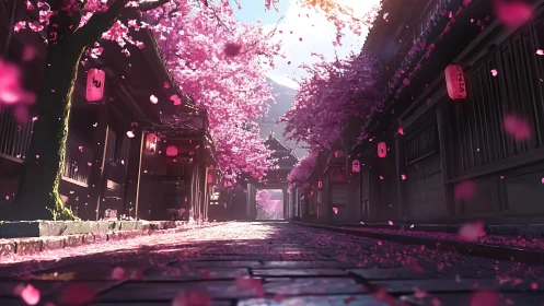 Sakura lantern lane drifting under a blush of falling petals.