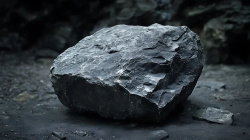 Isolated dark rock on rough ground surface in low light.