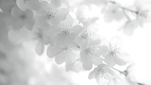 White Cherry Blossoms in Monochrome. Botanical Detail.