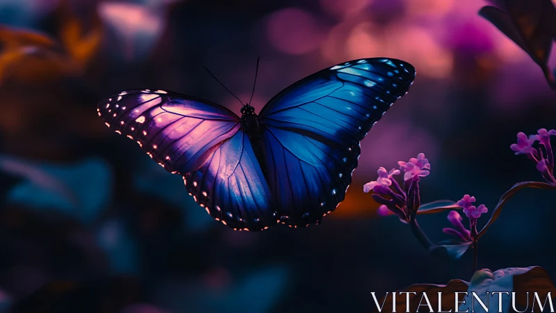 Iridescent blue butterfly hovers over blooms in bokeh dusk