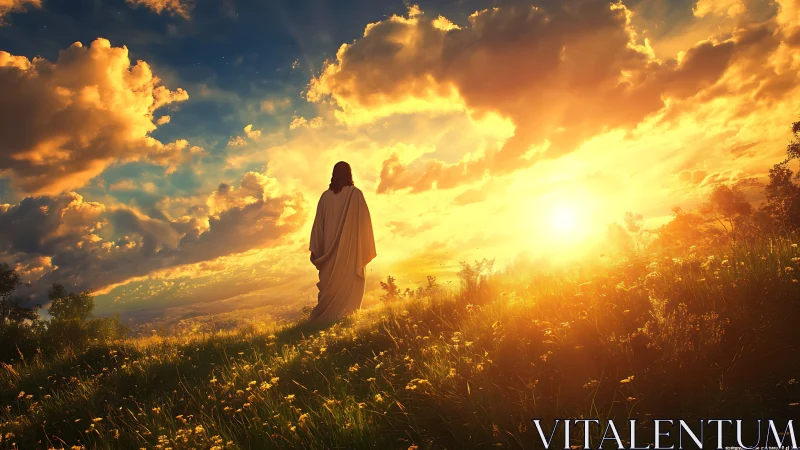 Lone robed wanderer walking into a blazing celestial sunrise.