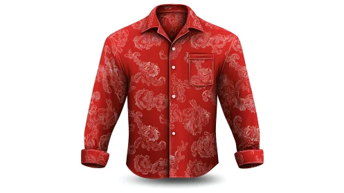 Red Patterned Button-Up Shirt with Ornamental Floral Design