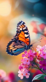 Vivid monarch butterfly on pink flowers at sunset light.
