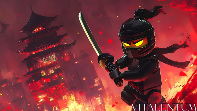 Lego shadow ninja storms a blazing neon temple skyline.