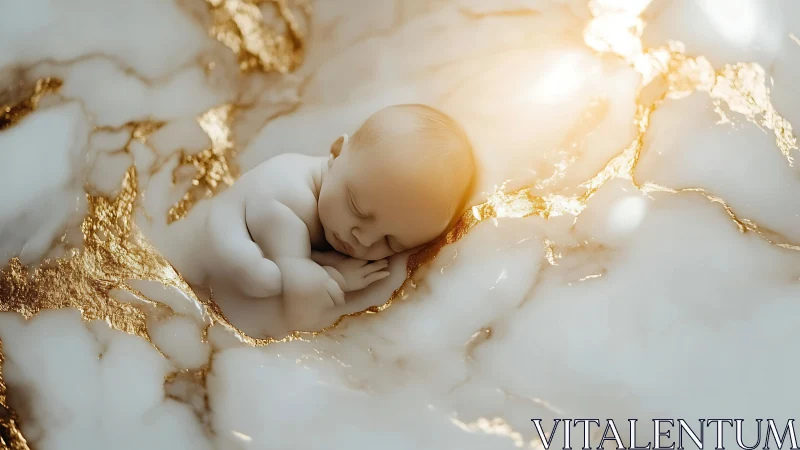 Newborn figure on marble surface with gold-toned veins.