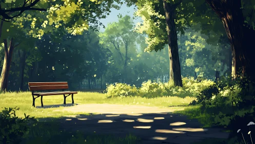Sunlit Park Bench Surrounded by Forest Canopy