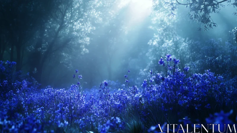 Moonlit blue wildflower meadow glows softly in a misty forest