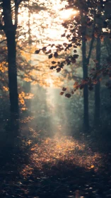Autumn Forest Path Bathed in Golden Sunlight and Mist