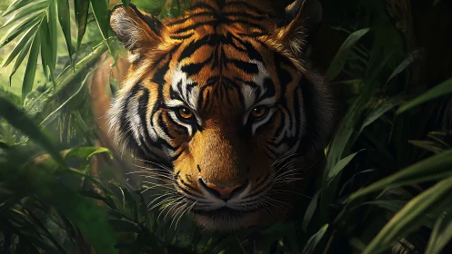 Tiger emerges from shadowed jungle foliage, eyes intent.