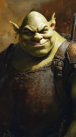 Grinning green ogre stands ready in worn leather armor