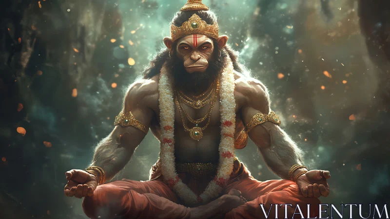 Hanuman deity in radiant meditation with golden ornaments.