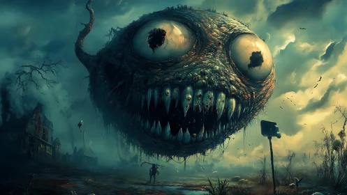 Grotesque floating monster looms over bleak wasteland sky