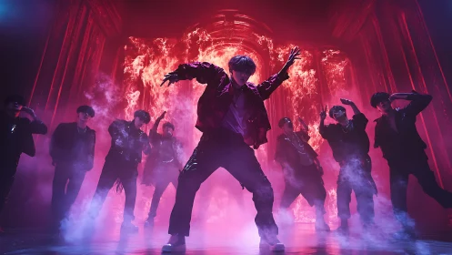 K-pop dance crew silhouette before flaming archway stage