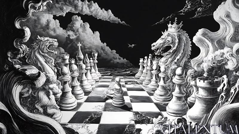 Monochrome chessboard with sculptural knights and clouds.