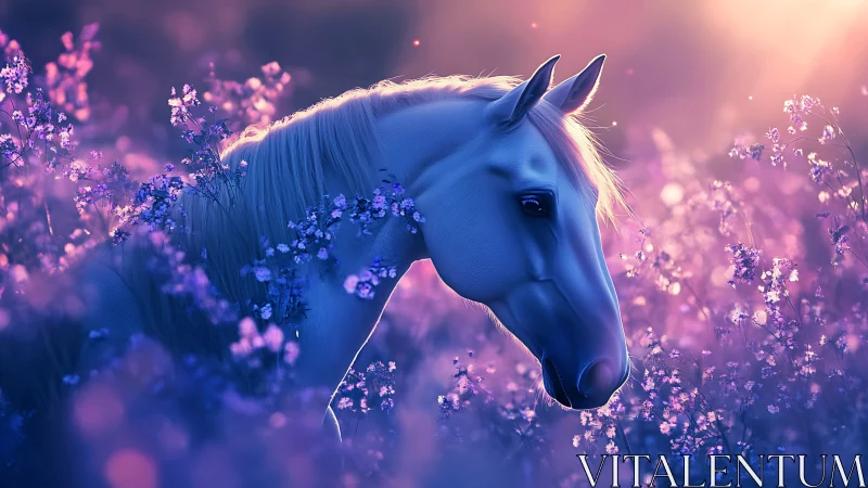 Enchanted white horse pauses in glowing lavender meadow.