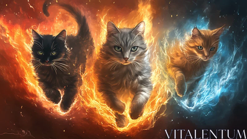 Three Cats Amid Elemental Fire and Ice Flames.