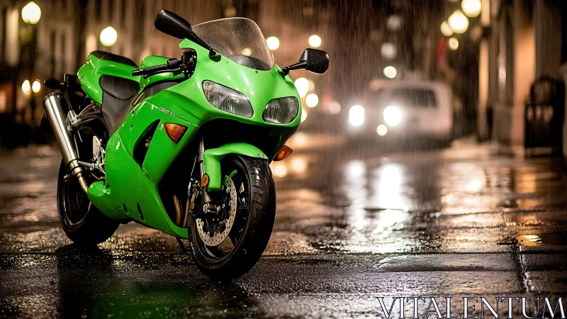 Neon green street rocket idling in rainlit city hush.