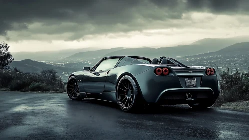 Sports roadster waits on wet mountain overlook above city