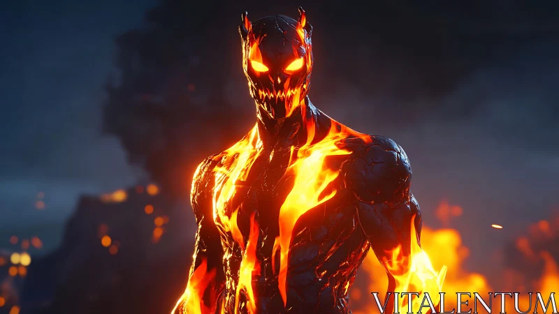 Molten demon warrior emerges from blazing inferno at dusk.