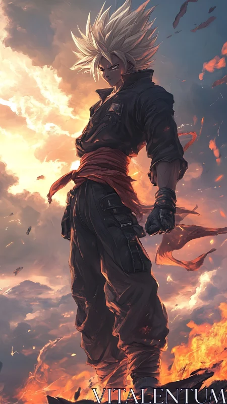 Spiky haired warrior standing over burning rocky ground.