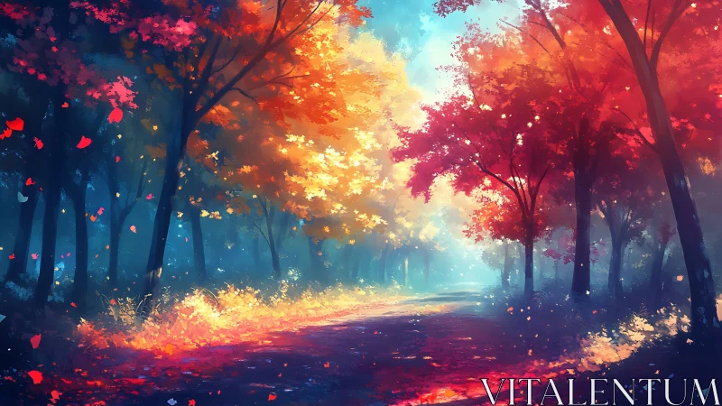 Forest pathway with artificial luminescent foliage and atmospheric lighting effects.