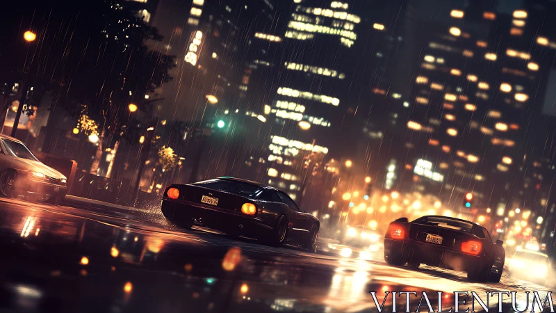 Rain-soaked supercars corner through bokeh-lit urban night streets