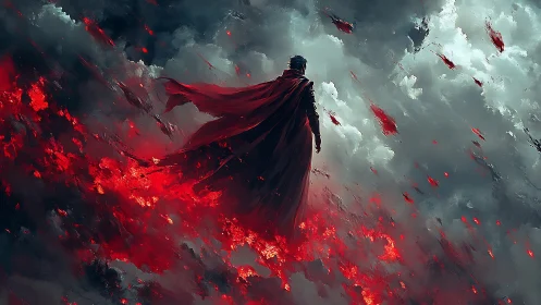 Solitary caped figure over eruptive crimson storm field