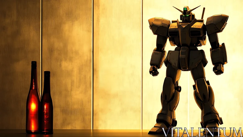 Golden-lit robot guardian beside glowing glass bottles.