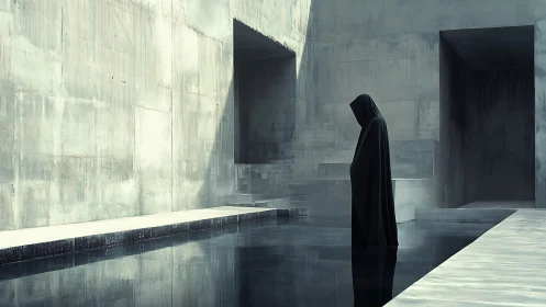 Silent hooded figure pauses by a dark reflective water pool