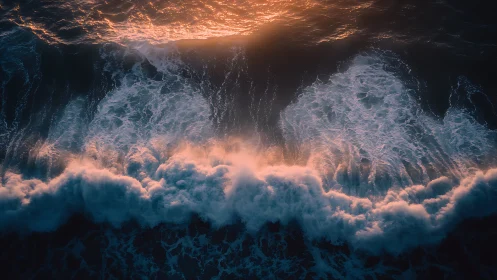 Sunlit aerial surf with dynamic foamy wave crests at dusk.