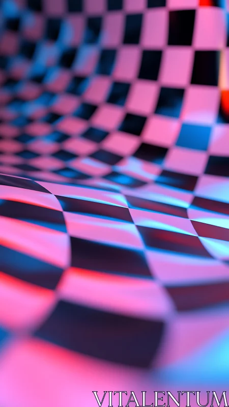 Curved neon checkerboard surface with depth-of-field glow.