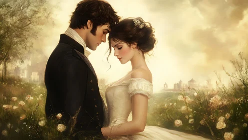 Two lovers share an intimate moment in a romantic garden setting