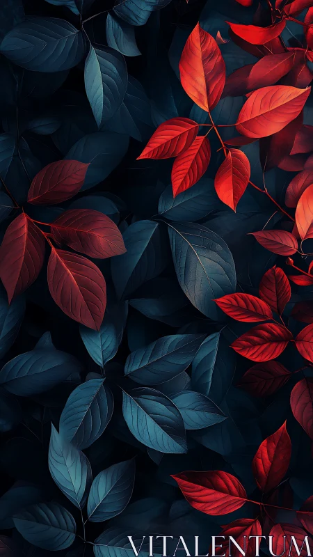 Midnight leaves glow in deep blue and crimson harmony