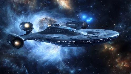 Starship glides past glowing nebula in deep silent space