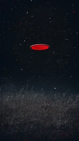 Crimson disc drifts over starlit field in quiet midnight hush.