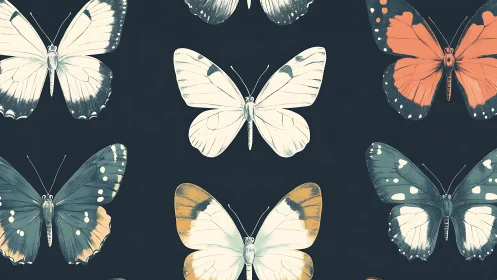 Elegant vintage butterflies form a patterned night tableau