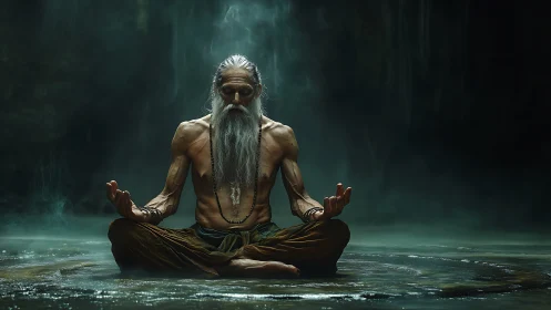 Photorealistic ascetic yogi in misted cavernous pool composition.