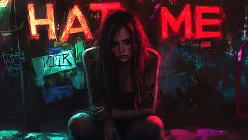 Neon punk girl crouches under hostile HATE ME graffiti glow.