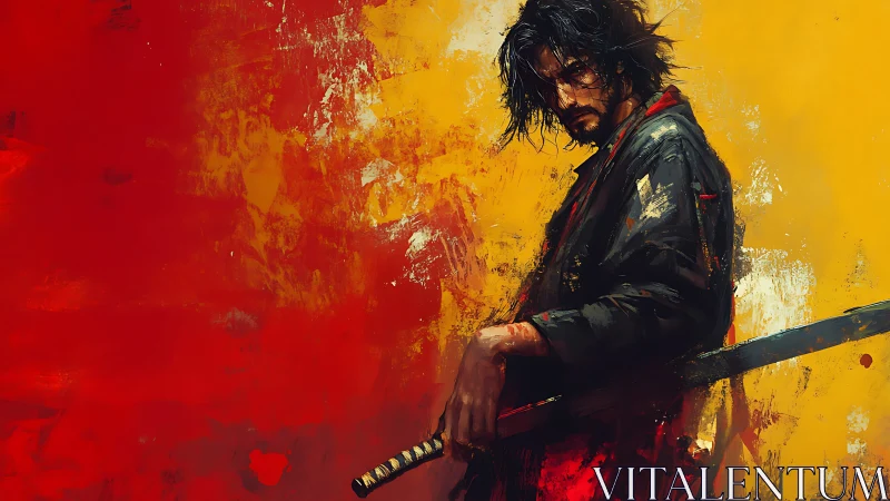 Solitary swordsman stands brooding against blazing colors