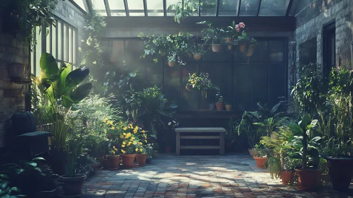 Sunlit conservatory holds lush potted plants and bench