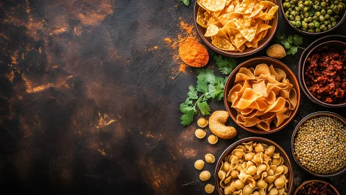 Crisp Indian snacks and pulses on rustic dark backdrop.