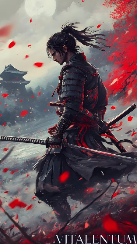 Lone samurai under blood red leaves at moonrise.