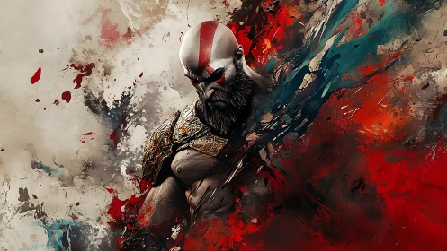 Warrior portrait within dynamic abstract color field.