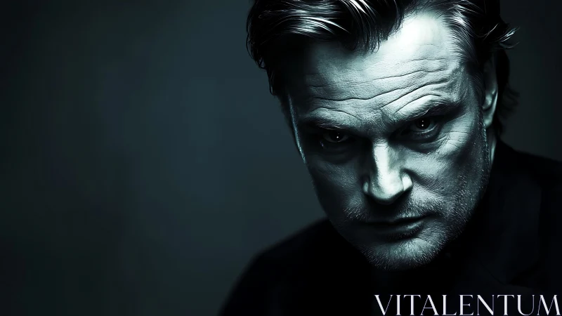 Moody low key male portrait with cyan cinematic rim lighting.