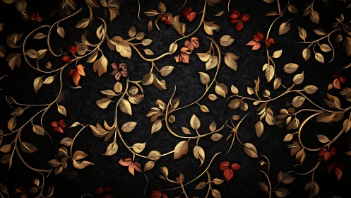 Golden floral vines twist over deep textured black ground.